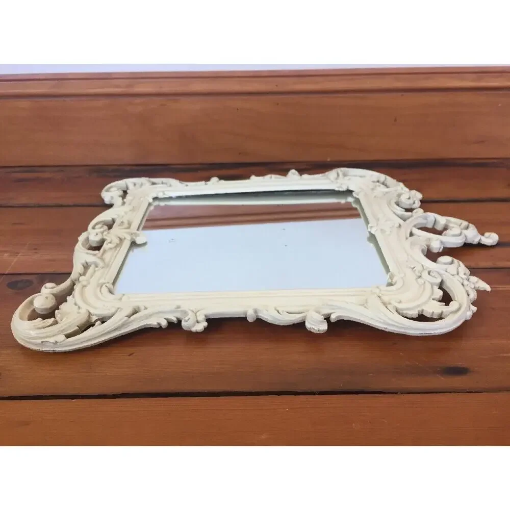 Vintage Syroco Wood Rectangular Filigree Ornamental White Wooden Wall Mirror 16